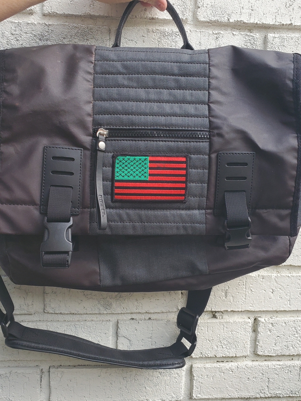 Diesel Industry Black Quilted Messenger laptop Bag with Red & Green Flag Accent